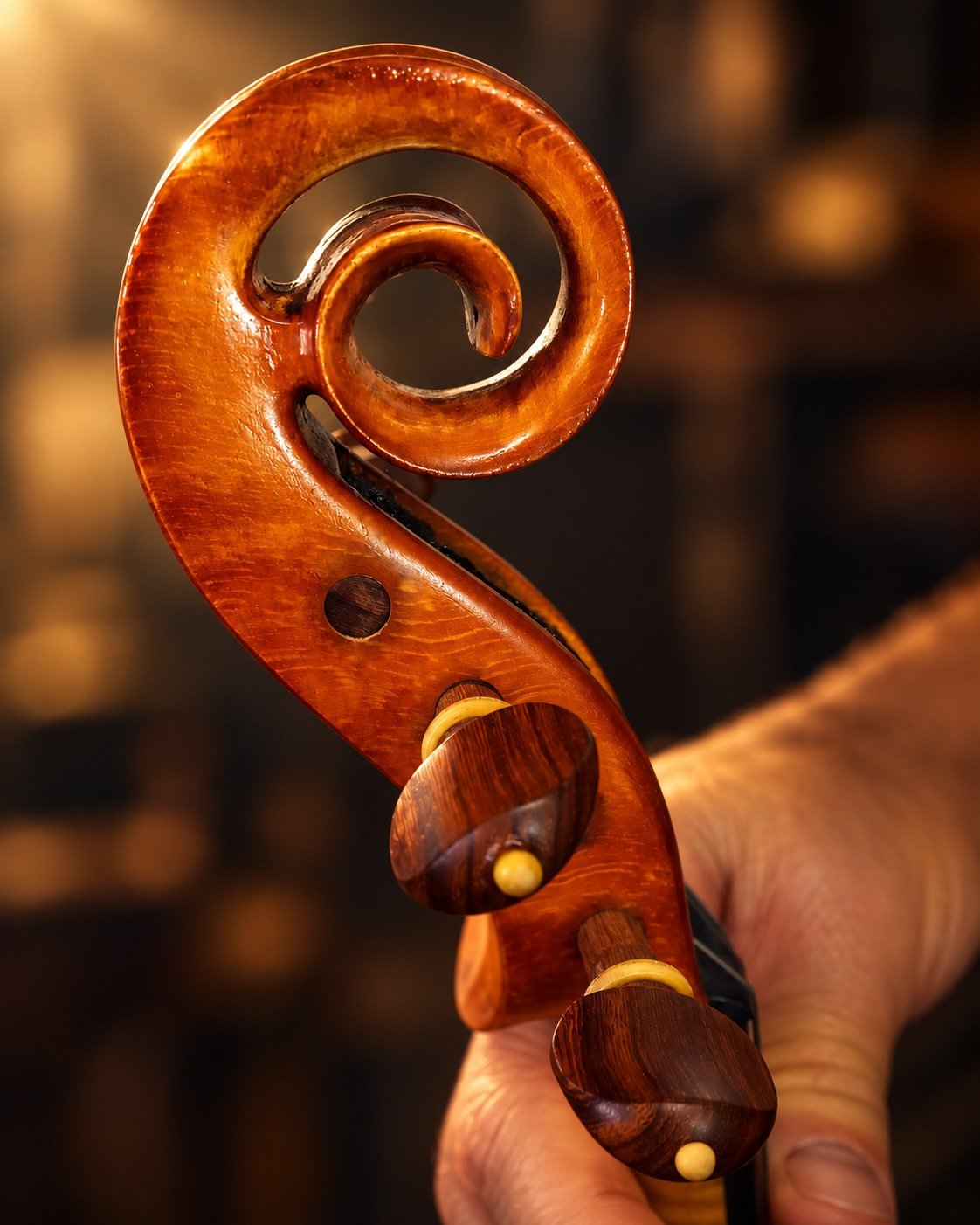 Detalhe da voluta e das cravelhas de um instrumento de arco nas mãos do luthier