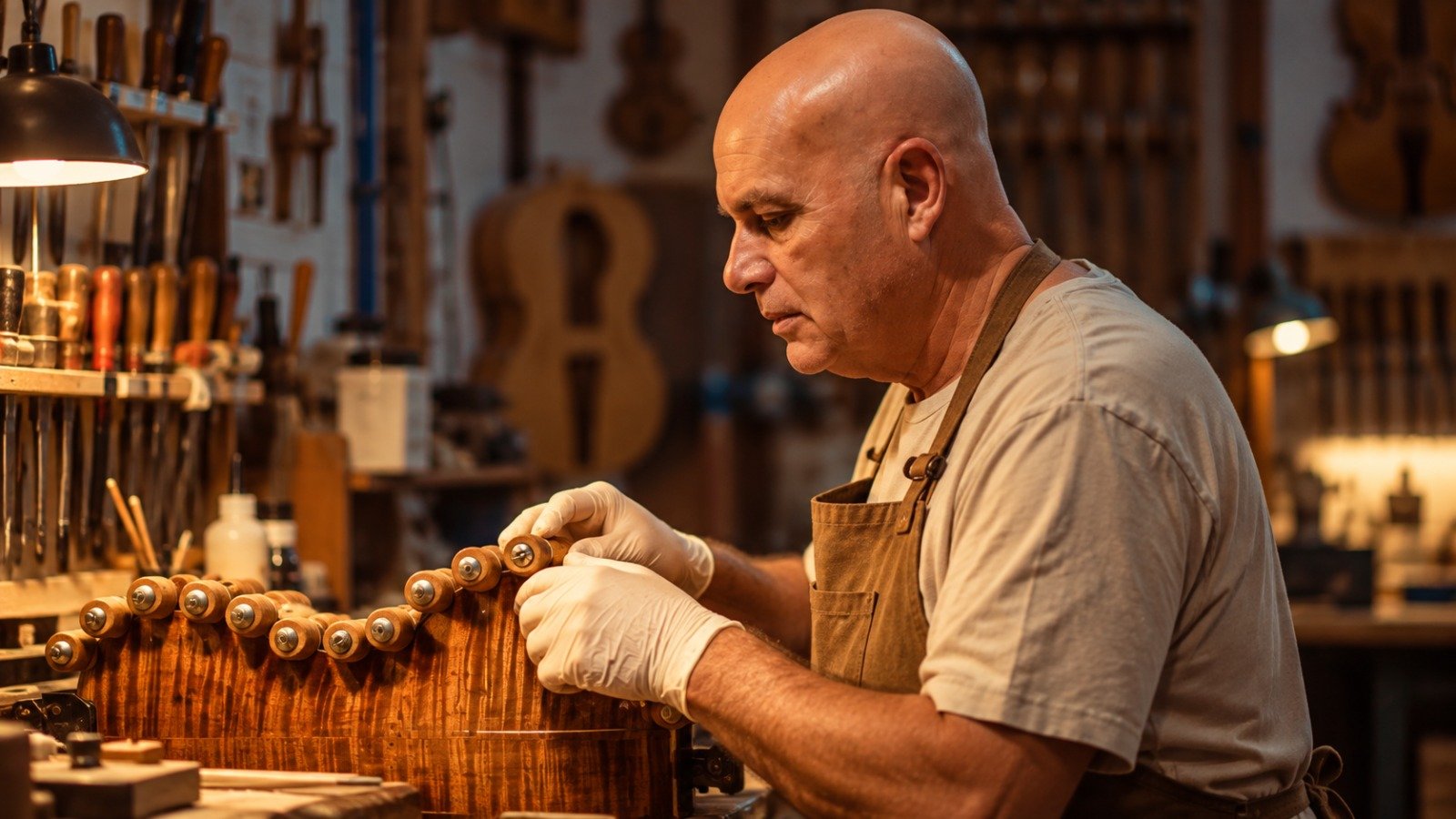 Rogério Ortega trabalhando manualmente em um instrumento no atelier