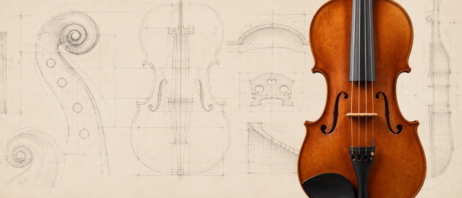 Violino diante de desenhos técnicos de construção do instrumento